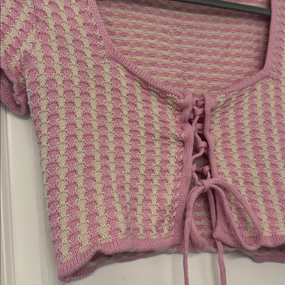 Pink and Cream Knit Square Neck Girly Sweet Crop Top - Picture 2 of 5